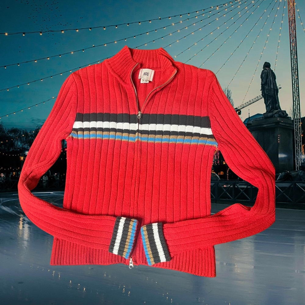 BDG Red Striped Zip-Up Sweater